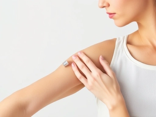 A person gently applying a small amount of perfume to their inner arm for a patch test, with a clean, minimalist background and a focused, scientific feel. Emphasize the careful application. Keywords: patch test, sensitive skin, perfume application, skin safety.