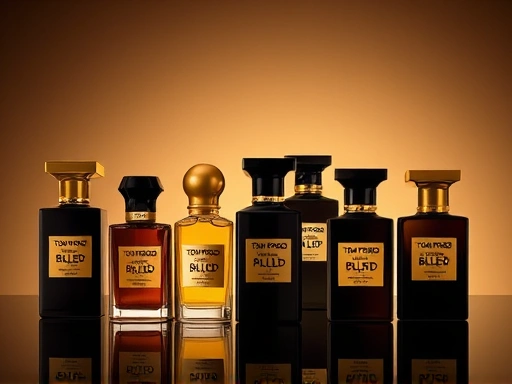 A collection of sophisticated Tom Ford Private Blend fragrance bottles arranged elegantly, emphasizing luxury and the unique, bold character of the scents, with a focus on dark, rich tones and subtle light reflections, professional and inviting. Features elements of opulence and high-end perfumery.