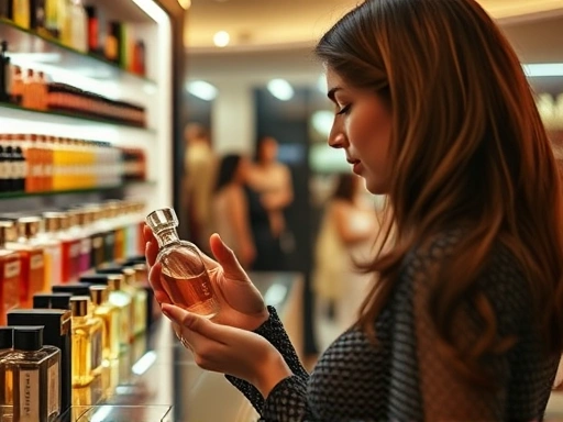 A person thoughtfully selecting a perfume bottle in a well-lit, elegant perfume shop, with various bottles on display, emphasizing the decision-making process for different occasions and the diverse range of available scents.