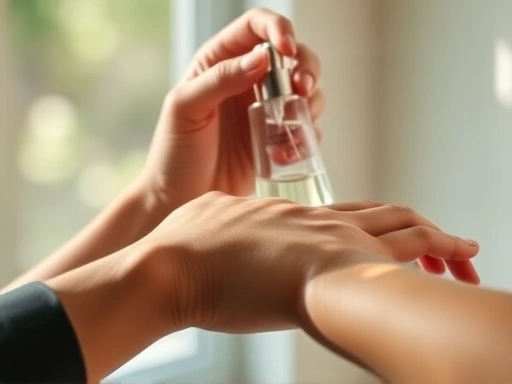 Close-up of a hand gently spraying a unisex perfume bottle onto a wrist, showcasing the application process with a blurred background of natural light, emphasizing the delicate mist and skin contact.