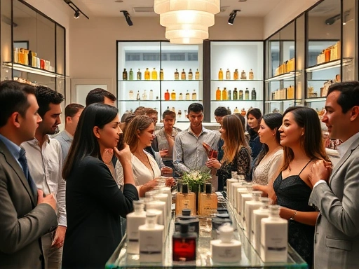 A diverse group of people, both male and female, enjoying genderless perfumes in a modern, elegant fragrance store, with a focus on shared scent experiences and individual expression, soft lighting, wide shot.