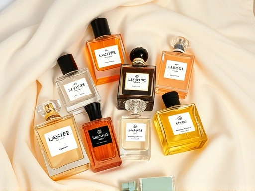 A high-angle shot of various elegant perfume bottles with different shades, representing musk fragrances, arranged neatly on a soft, light-colored fabric, emphasizing their diverse charm and luxurious feel.