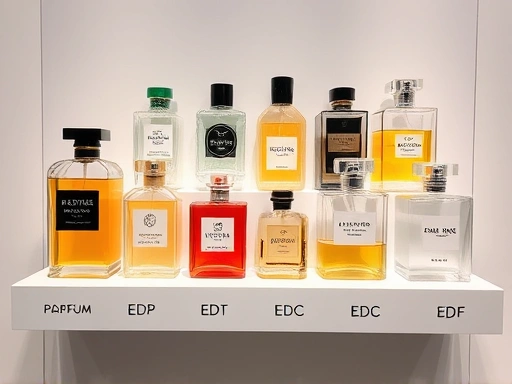 A visually appealing arrangement of various perfume bottles, clearly labeled with different concentrations like Parfum, EDP, EDT, EDC, and EDF, set on a minimalist white display, highlighting their distinct designs and labels. 