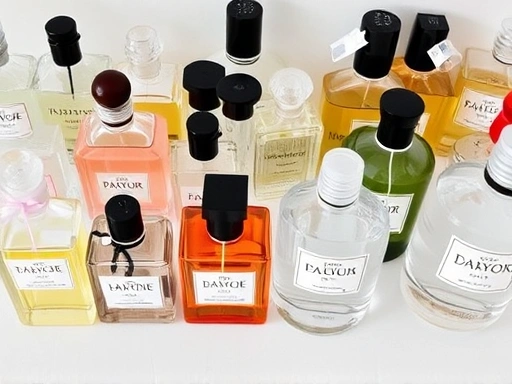 A detailed collection of various perfume bottles, clearly showing labels like Eau de Parfum, Eau de Toilette, and Cologne, arranged on a clean, minimalist surface, emphasizing different fragrance concentrations and types.