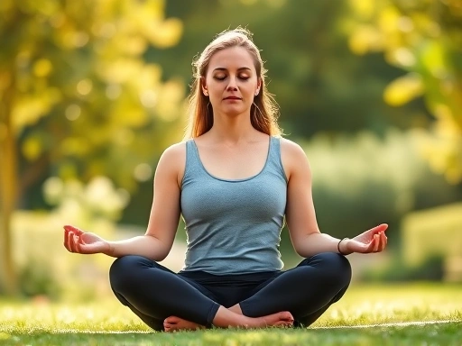 A peaceful and focused woman meditates outdoors, surrounded by soft green nature, symbolizing mindfulness and healthy living for weight management.