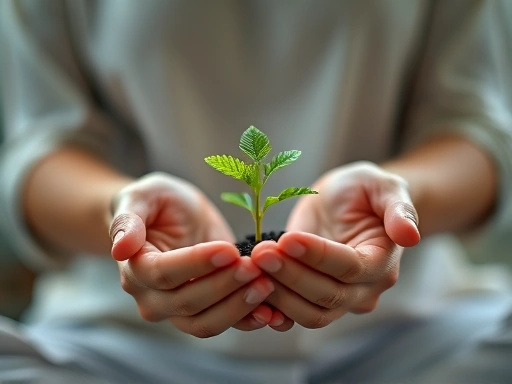 Close-up on a person's hands gently holding a small plant, with subtle light, representing growth, inner peace, and mindful self-care in meditation for diet.