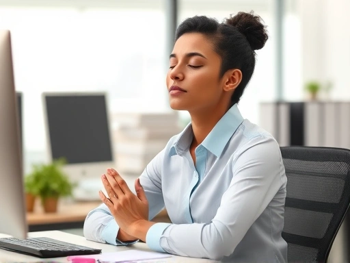 A busy office worker takes a 5-minute break, sitting at their desk with eyes closed, hands gently placed, looking peaceful amidst a softly blurred office background. The scene emphasizes calm and focus in a professional environment for workplace meditation.