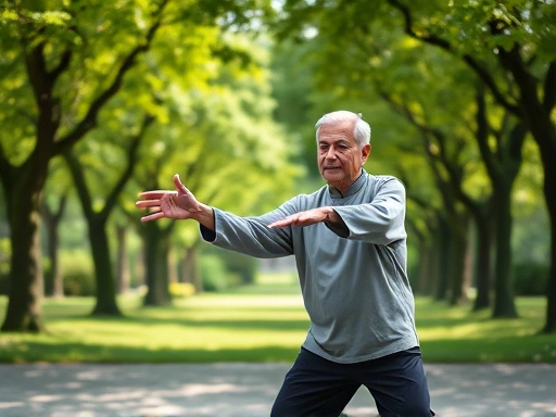 A serene elderly man practicing Tai Chi gracefully in a calm park with green trees and a gentle light, conveying peace and balance.