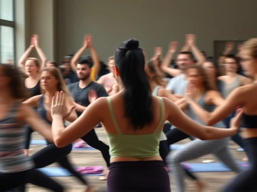 A dynamic, energetic scene of people engaging in dynamic meditation, expressive movements with blurred motion, conveying emotional release and vitality.