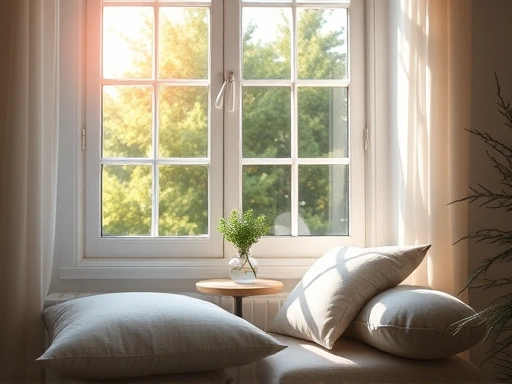 A peaceful home meditation space by a sunlit window, featuring soft cushions, a small plant, and a calming ambient light. (home meditation, calming space, natural light)