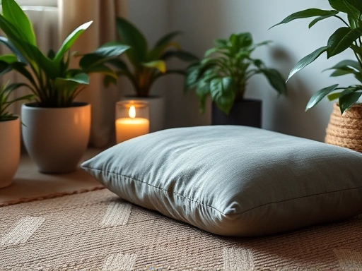 Close-up of a meditation corner with a comfortable cushion, lit candle, and a few small, green plants, emphasizing tranquility and personal touch. (meditation cushion, indoor plants, peaceful decor)
