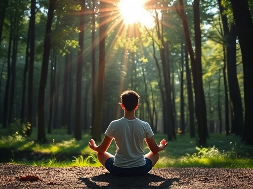A person meditating peacefully in a serene forest, sunlight filtering through the trees, creating a calming atmosphere.