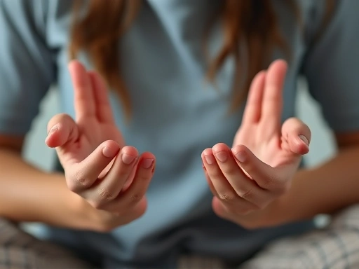 Close-up of a person's hands in a meditative pose, focusing on the details of the hands and the feeling of inner peace.