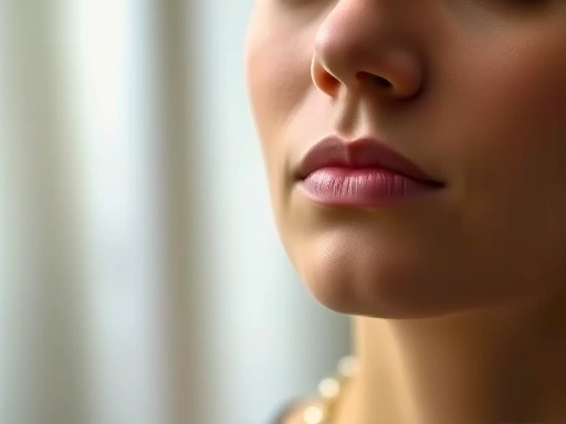 Close-up of a person's face meditating, focusing on calm breathing and relaxation, soft lighting.