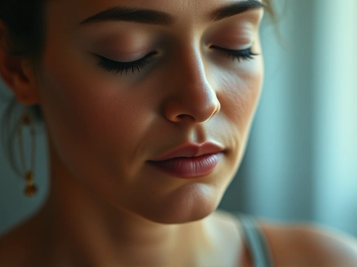 Close-up of a person's face during meditation, serene expression, soft lighting, emphasis on inner peace and focus.