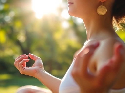 Close-up of a person meditating peacefully outdoors, sunlight filtering through leaves, calming atmosphere.