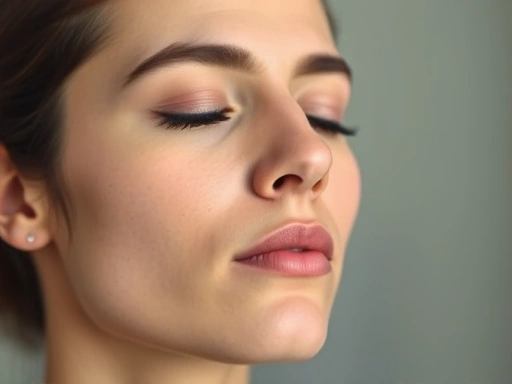 A person taking a deep breath with eyes closed, focus on facial expression of serenity and mindfulness.