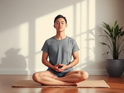 A serene individual meditates peacefully in a quiet room, focusing on their breath to manage bipolar disorder.