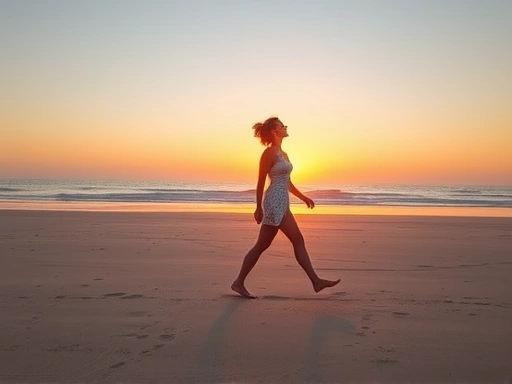 A peaceful woman walking barefoot on a sandy beach, practicing mindful walking meditation at sunset.