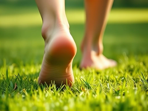 Close-up of feet gently stepping on soft grass, illustrating the present moment awareness during walking meditation.