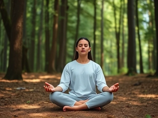 A serene individual meditates deeply in a peaceful forest, surrounded by nature's calm, with a focus on mindfulness and inner peace.