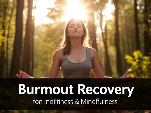 A serene woman meditates in a sunlit forest, promoting burnout recovery and mindfulness.
