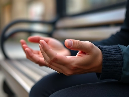 Close-up view of a person's hands gently resting, subtly indicating mindfulness or meditation, against a softly blurred background of a bus stop bench or railing.