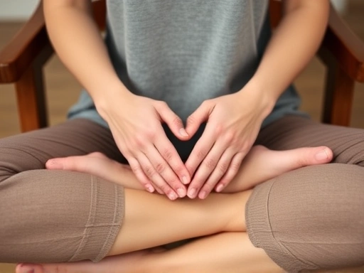 Close-up of hands resting gently on knees during chair meditation, showcasing relaxation and mindfulness.