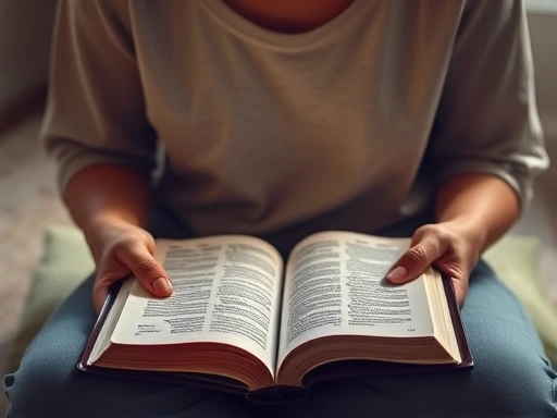 A serene and peaceful image of a person sitting quietly, holding an open Bible, with subtle light symbolizing divine presence, representing both scriptural meditation and quiet contemplation.