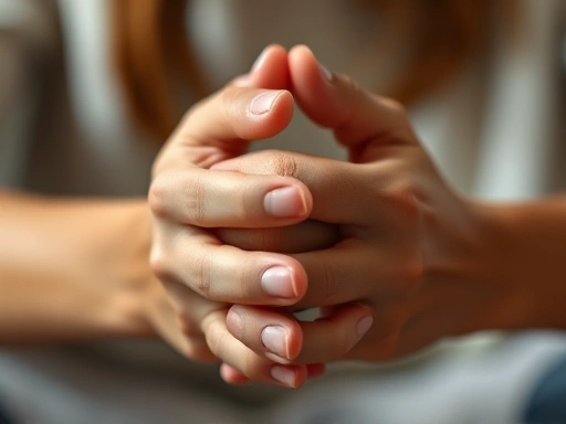 A close-up image focusing on hands clasped in prayer, or gently resting, conveying a sense of stillness and deep spiritual connection in Christian meditation.
