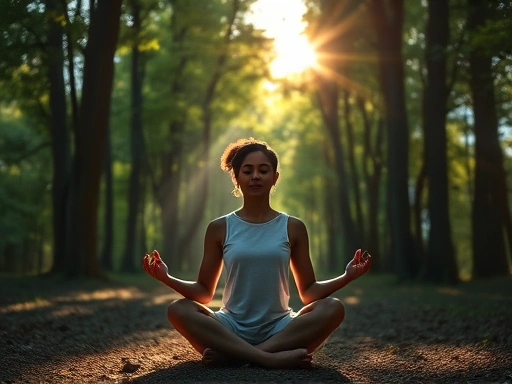 A serene person meditating in a peaceful forest, sunlight filtering through the trees, enhancing focus and tranquility.