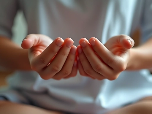 Close-up of hands gently resting in a meditative pose, with soft lighting emphasizing the calmness and inner peace.