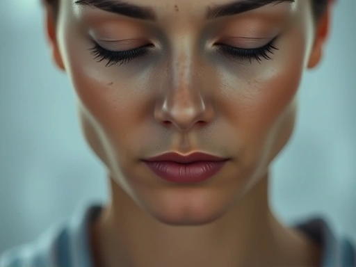 Close-up of a person's face meditating, calm expression, soft lighting, focus on details, keywords: concentration, meditation