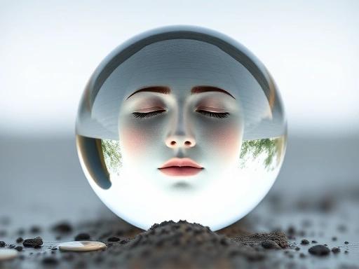 Close-up of a crystal ball reflecting a calm face, symbolizing inner peace and focus.