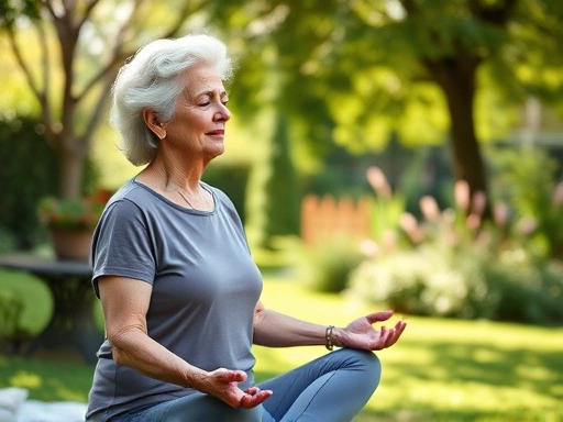 A serene elderly woman practices mindful meditation outdoors in a peaceful garden, sunlight filtering through the trees.