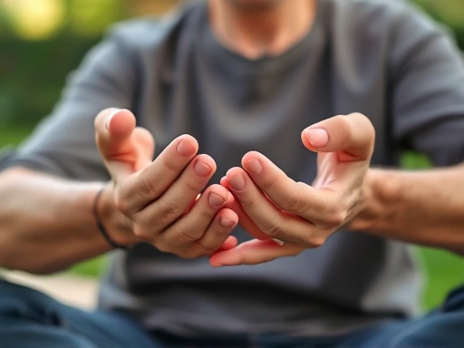 Close-up of a senior's hands gently resting in a meditative pose, with soft focus on the background garden scenery.