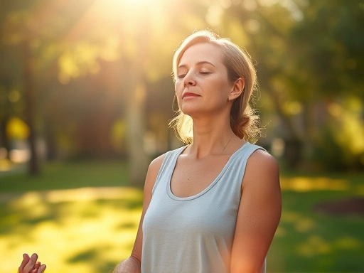 A serene woman meditating in a sunlit park, focus on calm expression and natural surroundings.