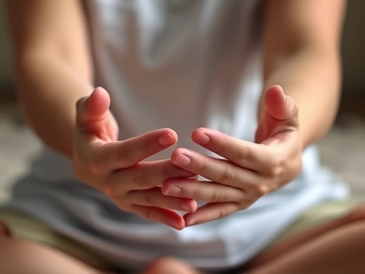 Close-up of a person's hands gently resting in a meditative pose, soft lighting and blurred background.