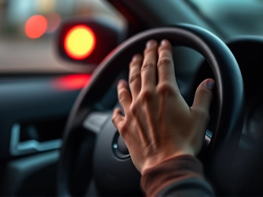 A close-up shot of a driver's hands gently resting on the steering wheel, with a subtle light indicating a red traffic light, emphasizing inner calm and focused breathing during a brief pause.