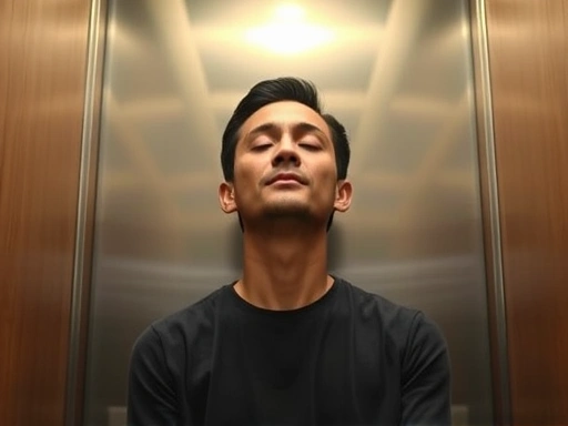 A person meditating in an elevator, focusing on breathing with a calm expression.