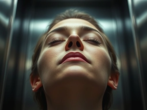 Close-up of a person's face in an elevator, eyes closed, deeply breathing for meditation.