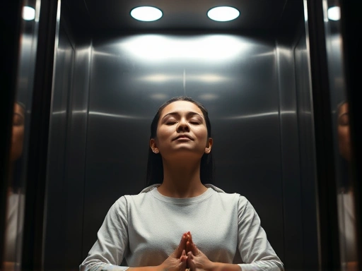 A serene person quietly meditating inside a modern elevator, eyes gently closed, a soft glow around them, symbolizing peace and calm.
