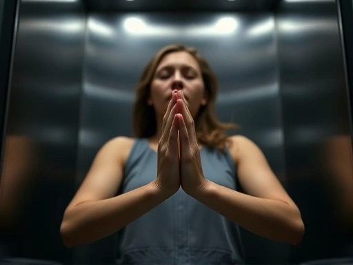 Close-up shot of a person's hands gently clasped in an elevator, demonstrating a subtle, unobtrusive meditation posture, with a focus on quiet contemplation.