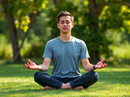 A serene individual meditating outdoors, focusing on mindfulness, promoting emotional regulation and peace.