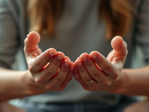 Close-up of hands in a meditative pose, symbolizing mindfulness and emotional regulation, with soft lighting.