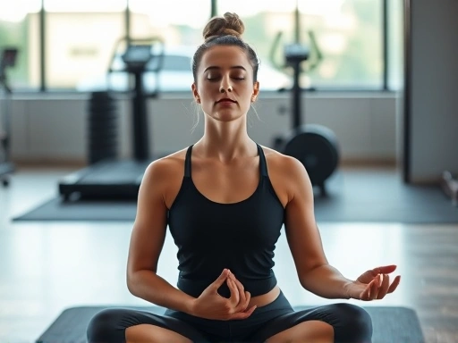 A serene individual meditating before exercise, focused on breath, with yoga mat and gym background.