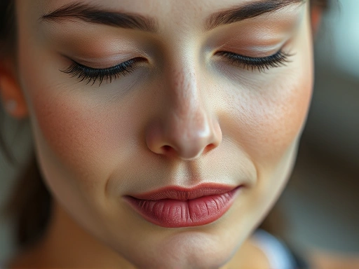 Close-up of a calm face meditating after workout, sweat droplets, serene expression, peaceful vibe.