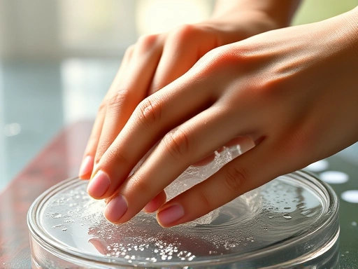Close-up of hands gently wiping a plate, water droplets sparkling, with soft, diffused sunlight.
