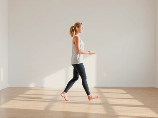 A person gracefully practicing walking meditation in a peaceful, minimalist indoor space, focusing on mindful steps and serene atmosphere.