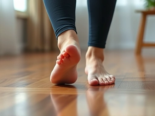 Close-up of a person's bare feet gently stepping on a wooden floor during indoor walking meditation, highlighting the subtle sensations and mindful movement.